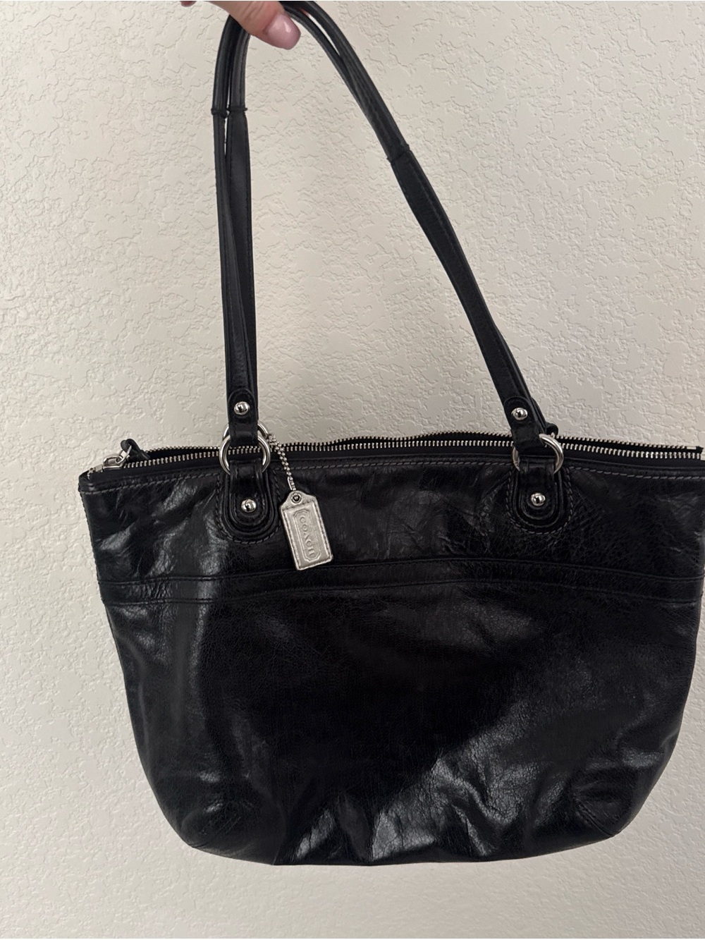 Coach Black Leather Shoulder Tote with Silver Tag